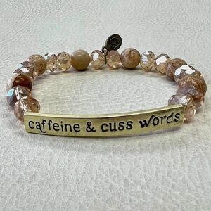 Caffeine And Cuss Words Sassy Semiprecious Stone Beaded Bracelet Gold